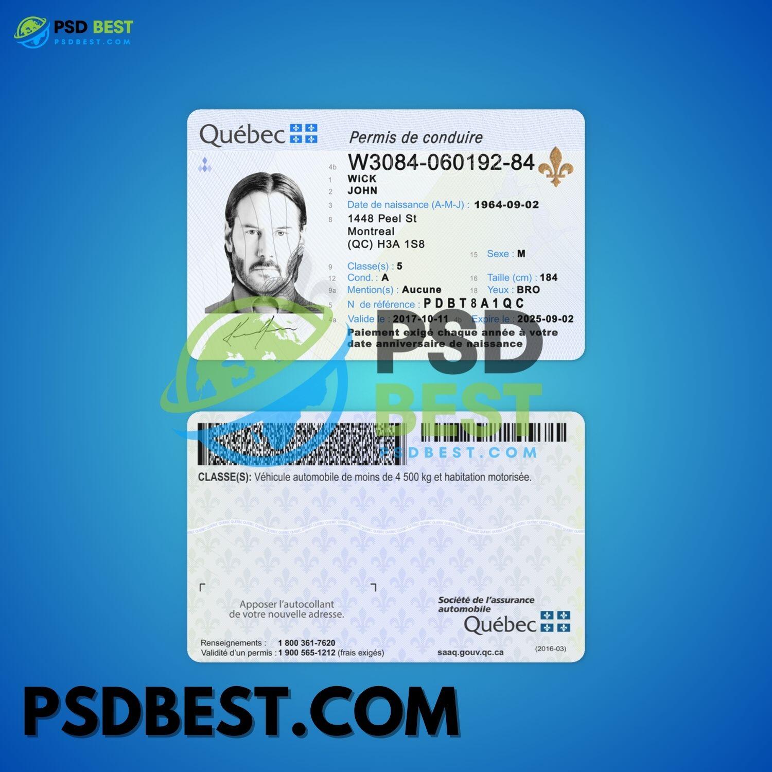 Canada Quebec Driving License Fully Editable PSD Template V1