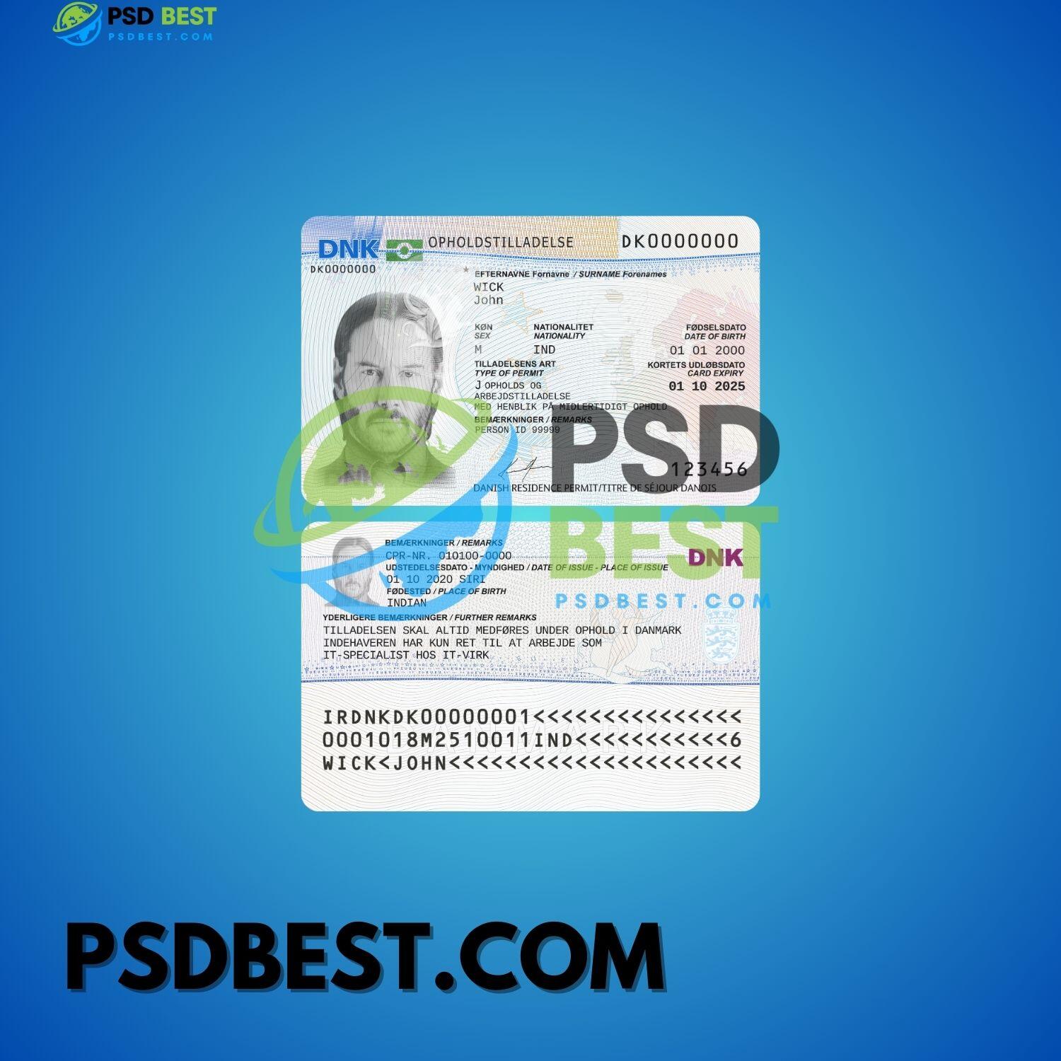 Denmark Residence Permit Card PSD Templates