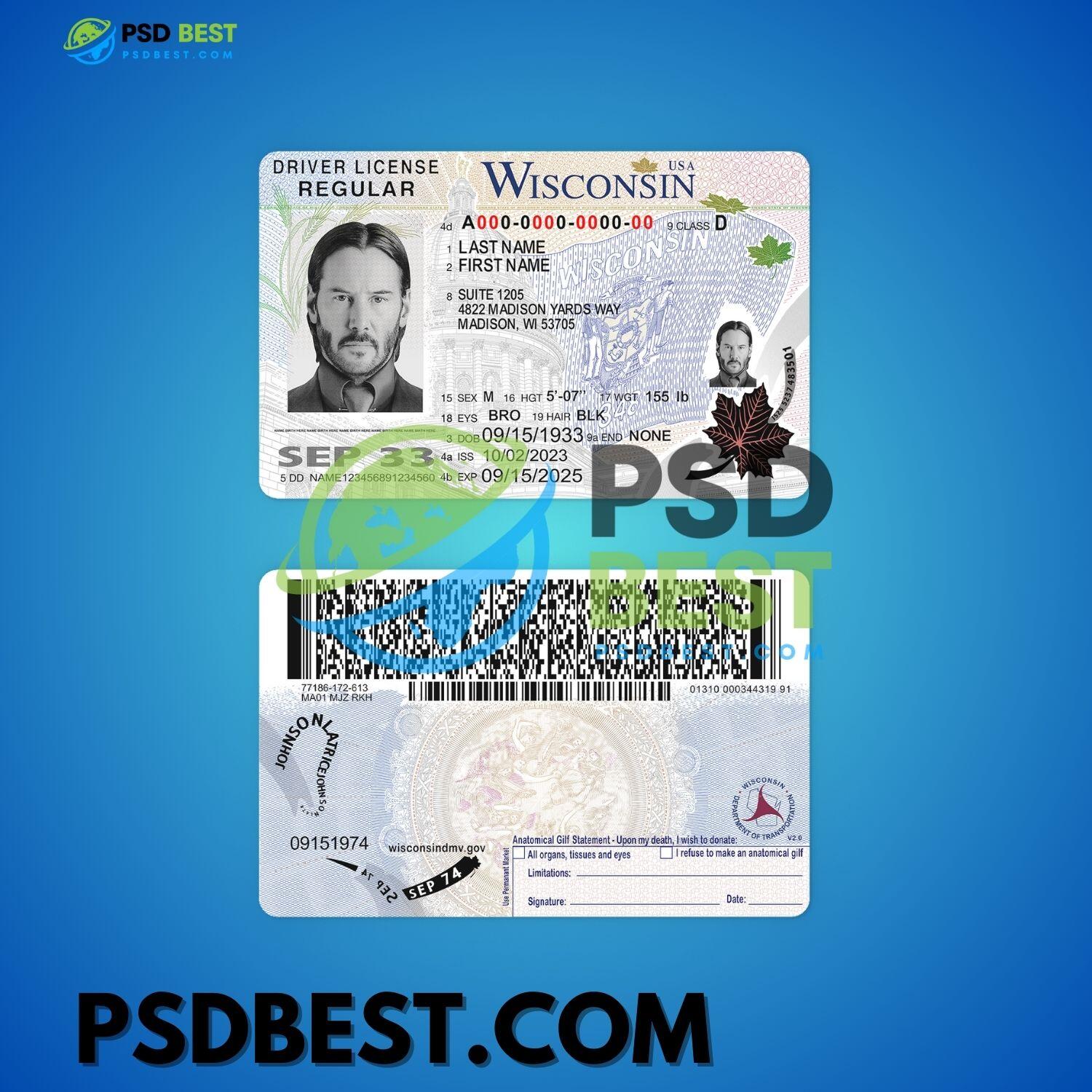 USA Wisconsin NEW High Quality Driving License PSD Templates